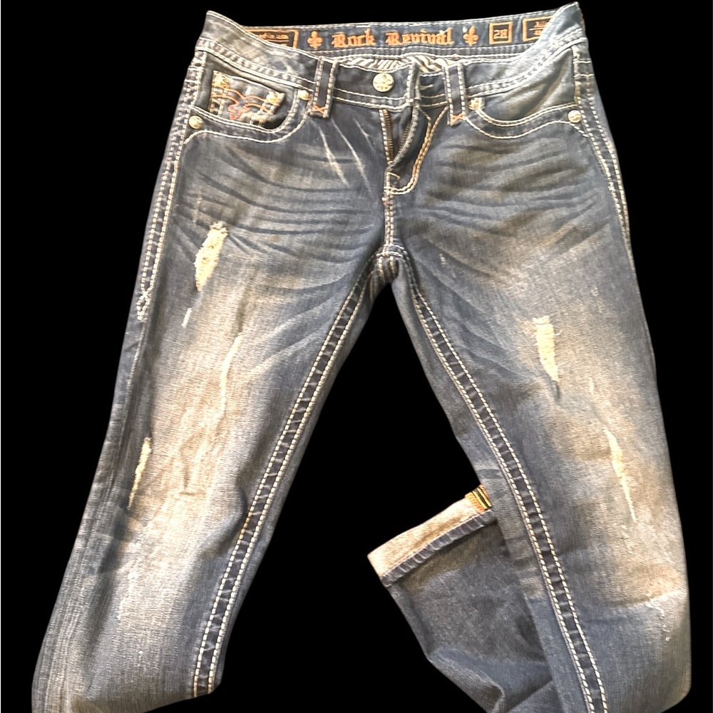 Rock Revival Faded Denim Jeans with White Stitching